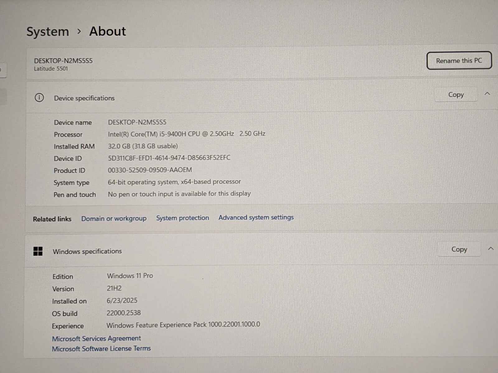 Dell Latitude 5501 15.6" FHD Intel i5-9400H 2.5GHz 32GB 256GB SSD W11P +Charger