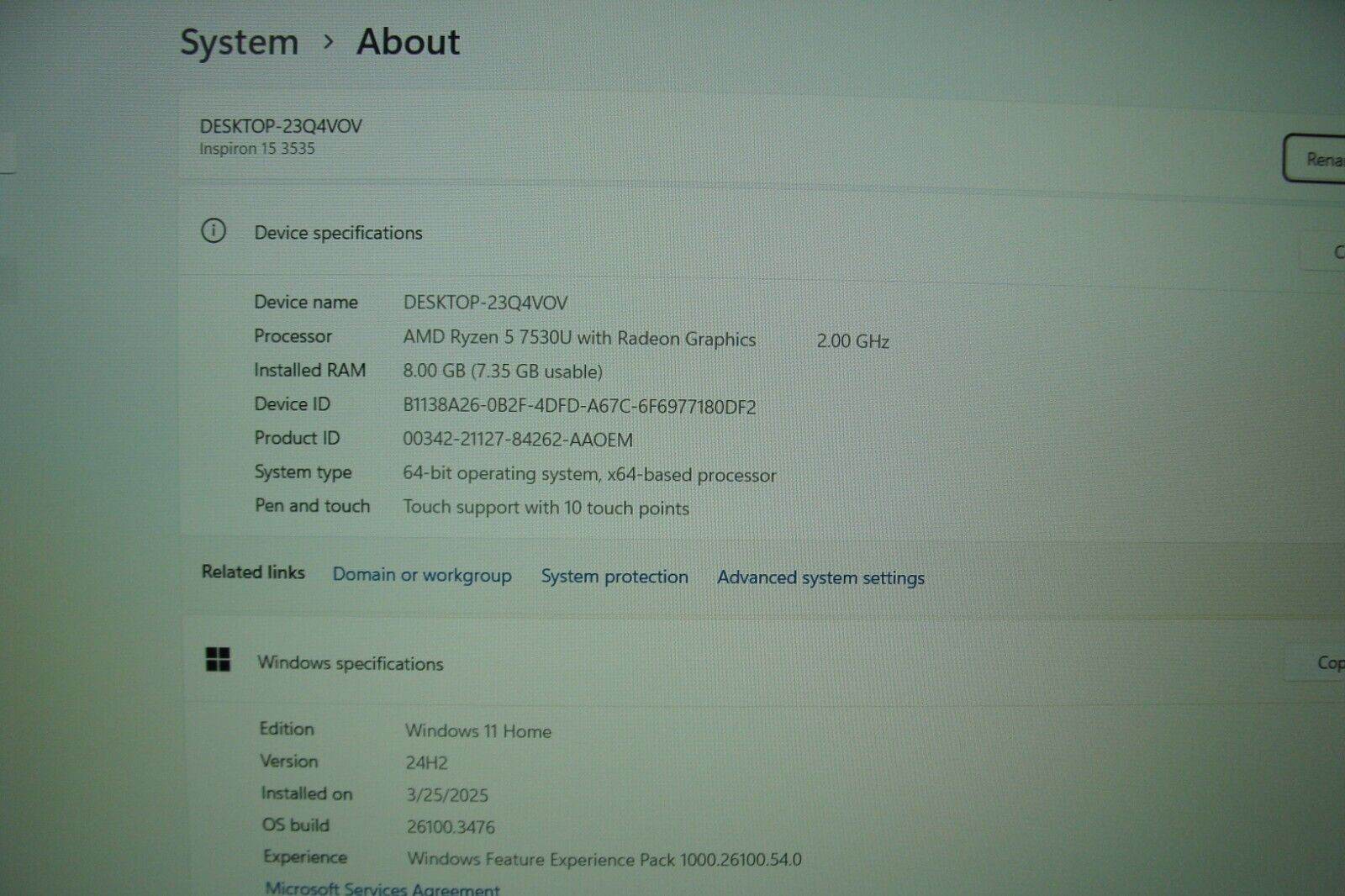 Dell Inspiron 15 3535 15.6” FHD TOUCH AMD Ryzen 5 7530U 2GHz 8GB 512GB Win11Home