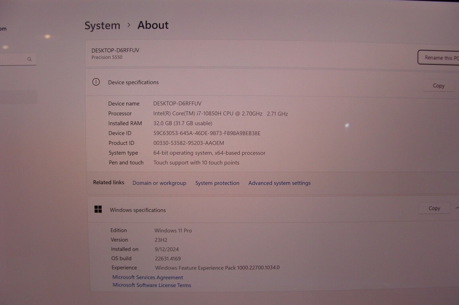 Dell Precision 5550 15.6"UHD+ TOUCH i7-10850H 2.7GHz 32GB 512GB Win11Pro T1000