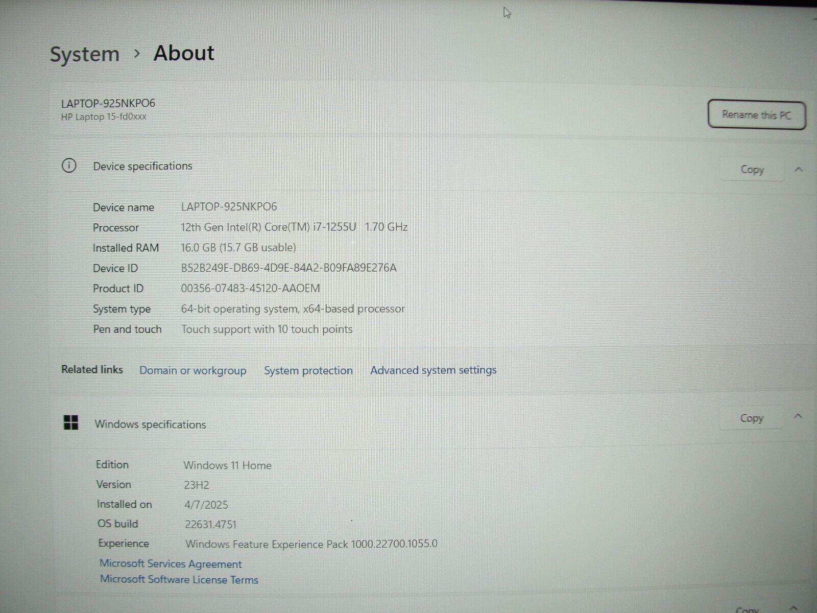 HP 15-FD0107DX 15.6”FHD Intel Core i7-1255U 1.7GHz 16GB SSD Reset 512GB +Charger