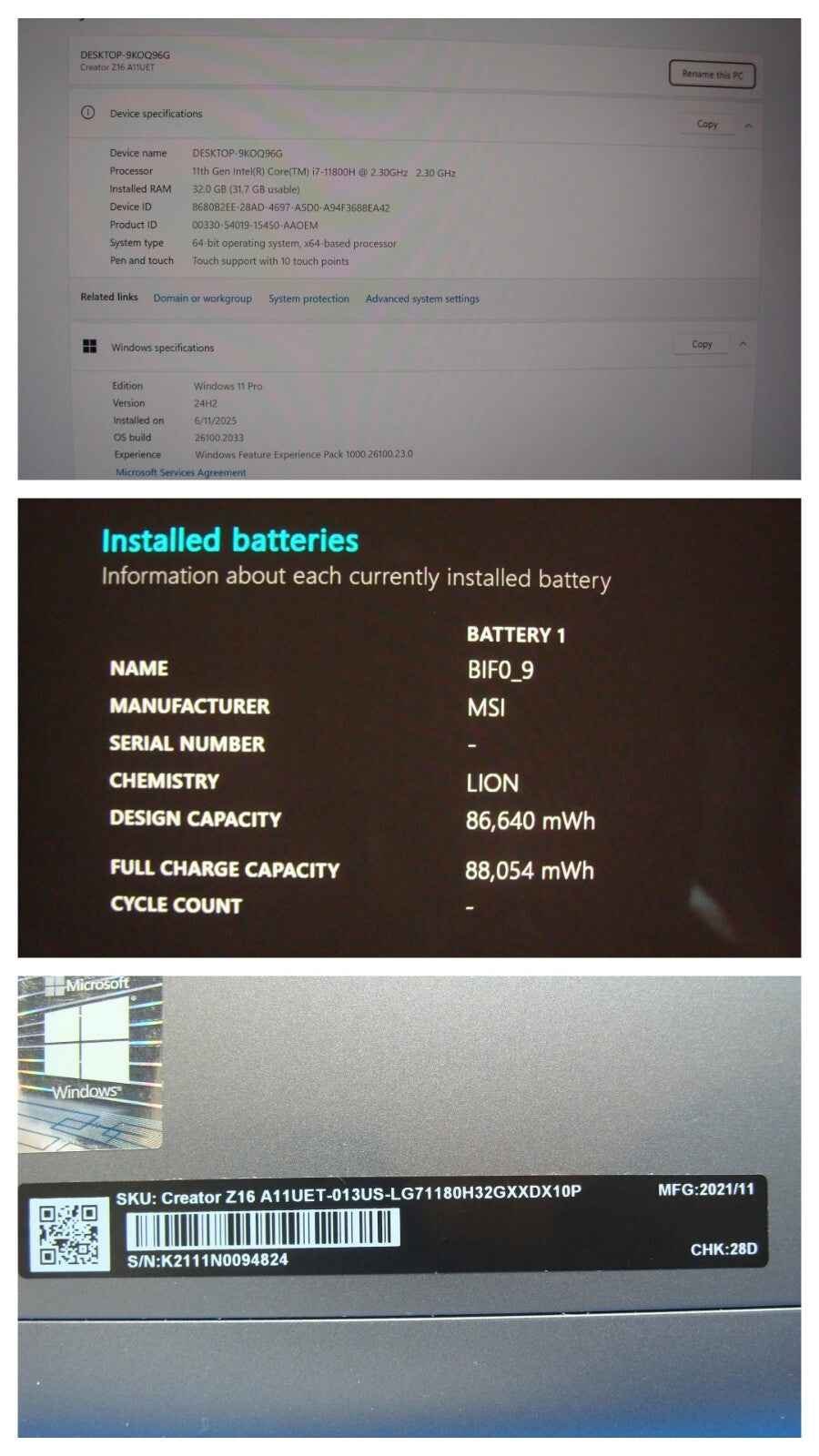 MSI Creator Z16 16" QXGA TOUCH 120hz i7-11800H 2.3GHz 32GB 1TB RTX 3060 100%Batt