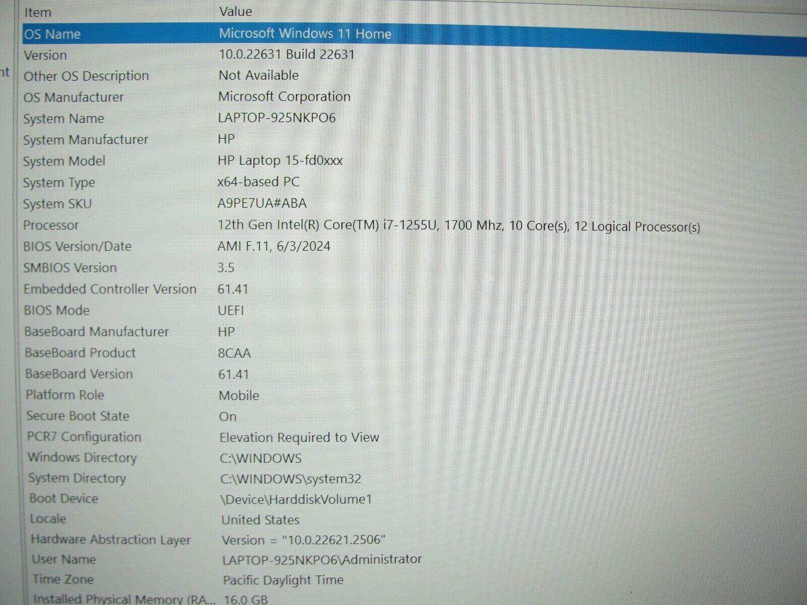 HP 15-FD0107DX 15.6”FHD Intel Core i7-1255U 1.7GHz 16GB SSD Reset 512GB +Charger