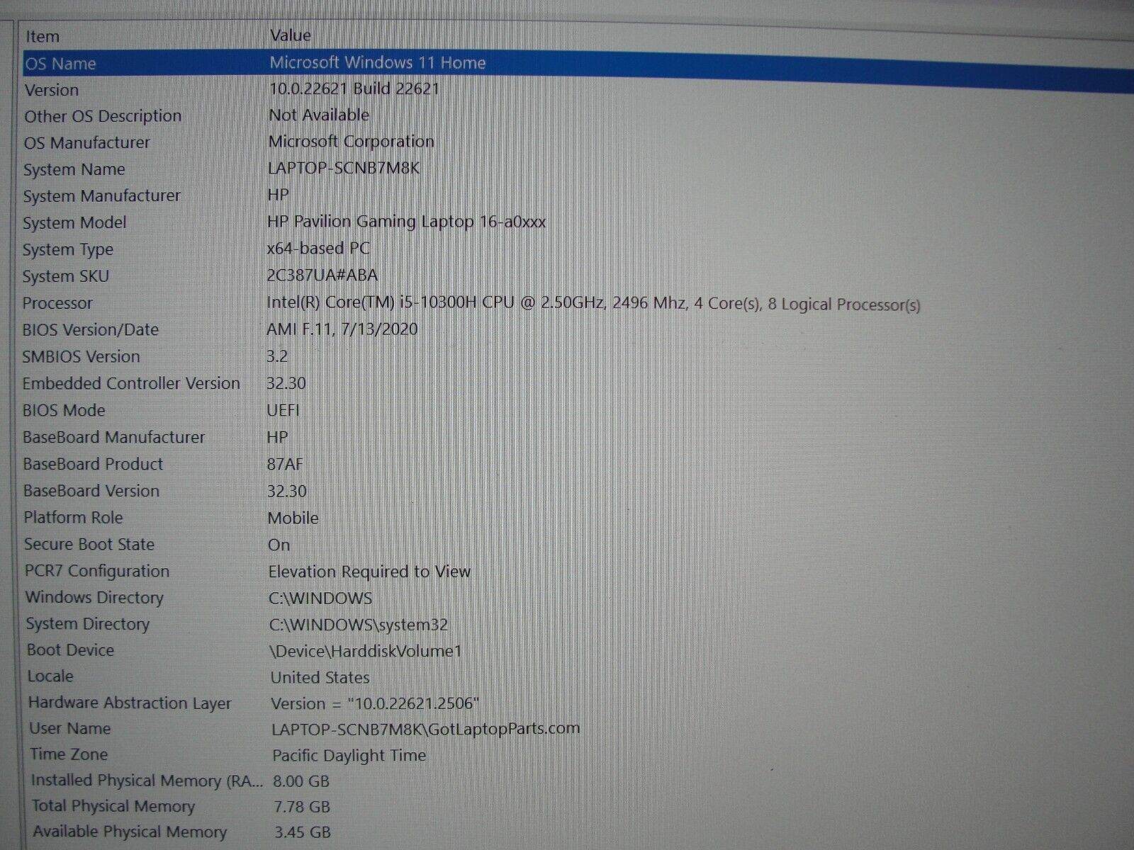 HP Pavilion Gaming 16-A0032DX 16.1” FHD Core i5-10300H 2.5GHz 8GB  SSD 512GB
